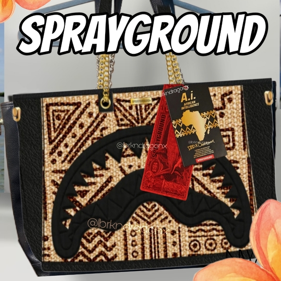 Sprayground Black Tan Raffia Tote with Gold Chain Strap Tribal RAFFIA  TOTE - Picture 4 of 14